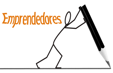 La palabra Emprendedores escrita en naranja y seguido de ella un monigote está empujando un gran lápiz dibujando una línea en el suelo